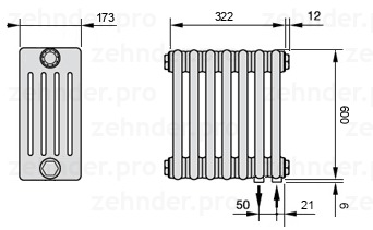 Схема (чертеж) Радиатор Zehnder Charleston 5060/7 №5510 Белый глянцевый RAL 9016